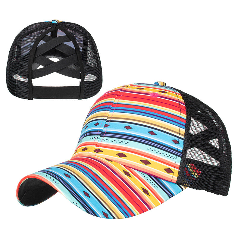 Wholesale Aztec Crossover Elastic Mesh Ponytail Polyester Baseball Hat